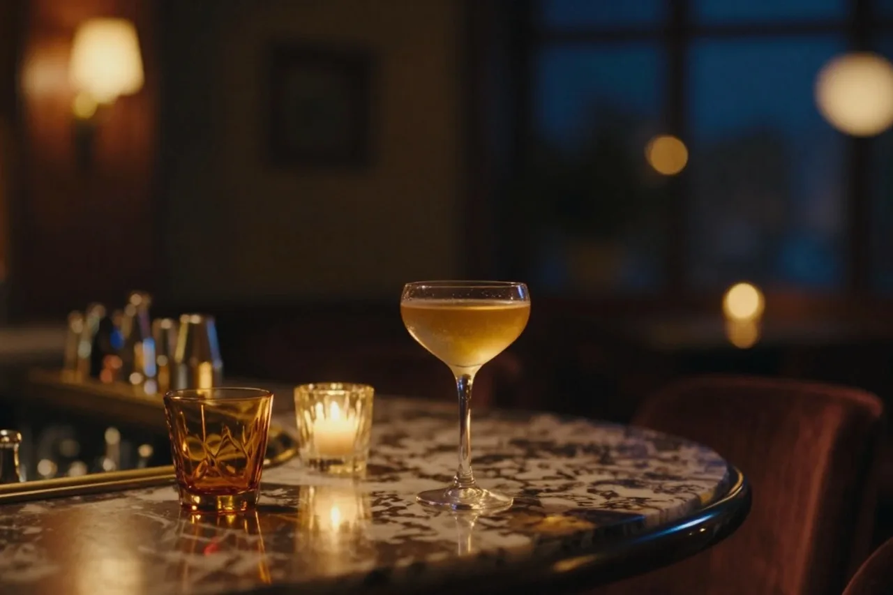 Intérieur feutré du bar NOCTUA la nuit, lumière dorée et verres ambrés sur le comptoir