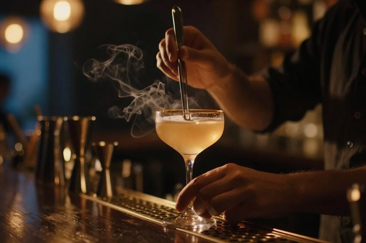 Mains d'un barman composant un cocktail au tweezers et à la jigger, lumière dorée