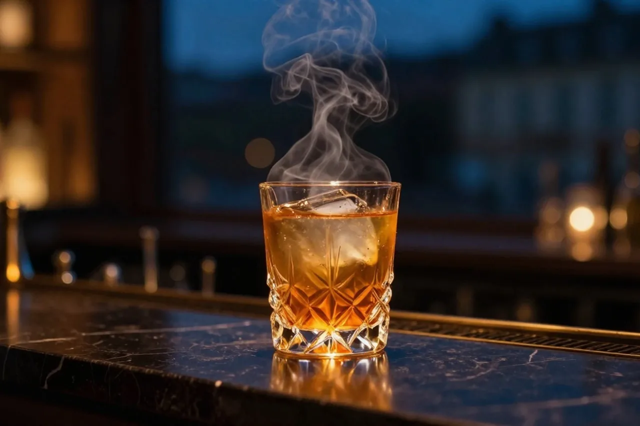Cocktail ambré dans un verre en cristal sur comptoir de marbre noir, pinceau de lumière dorée