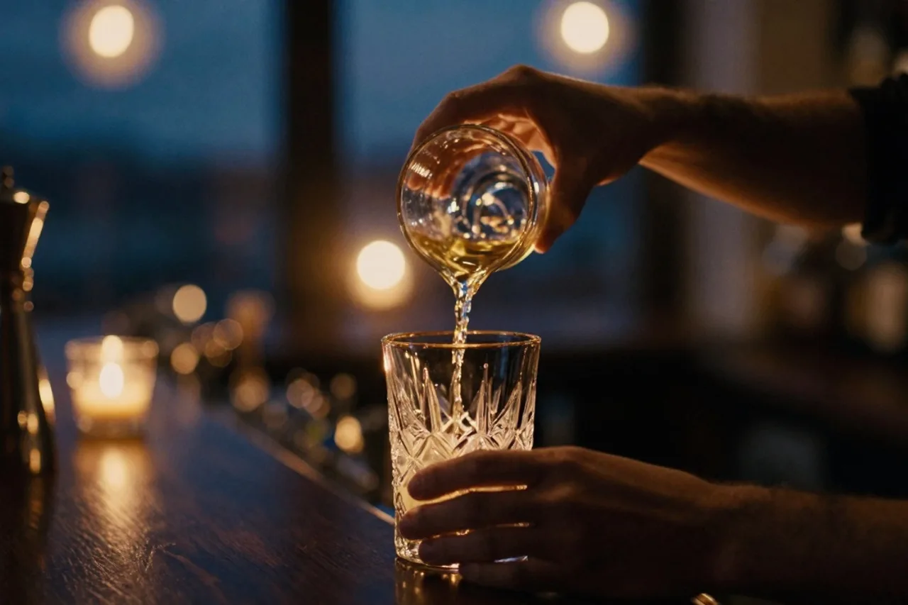 Mains du barman versant un liquide ambré dans un verre en cristal
