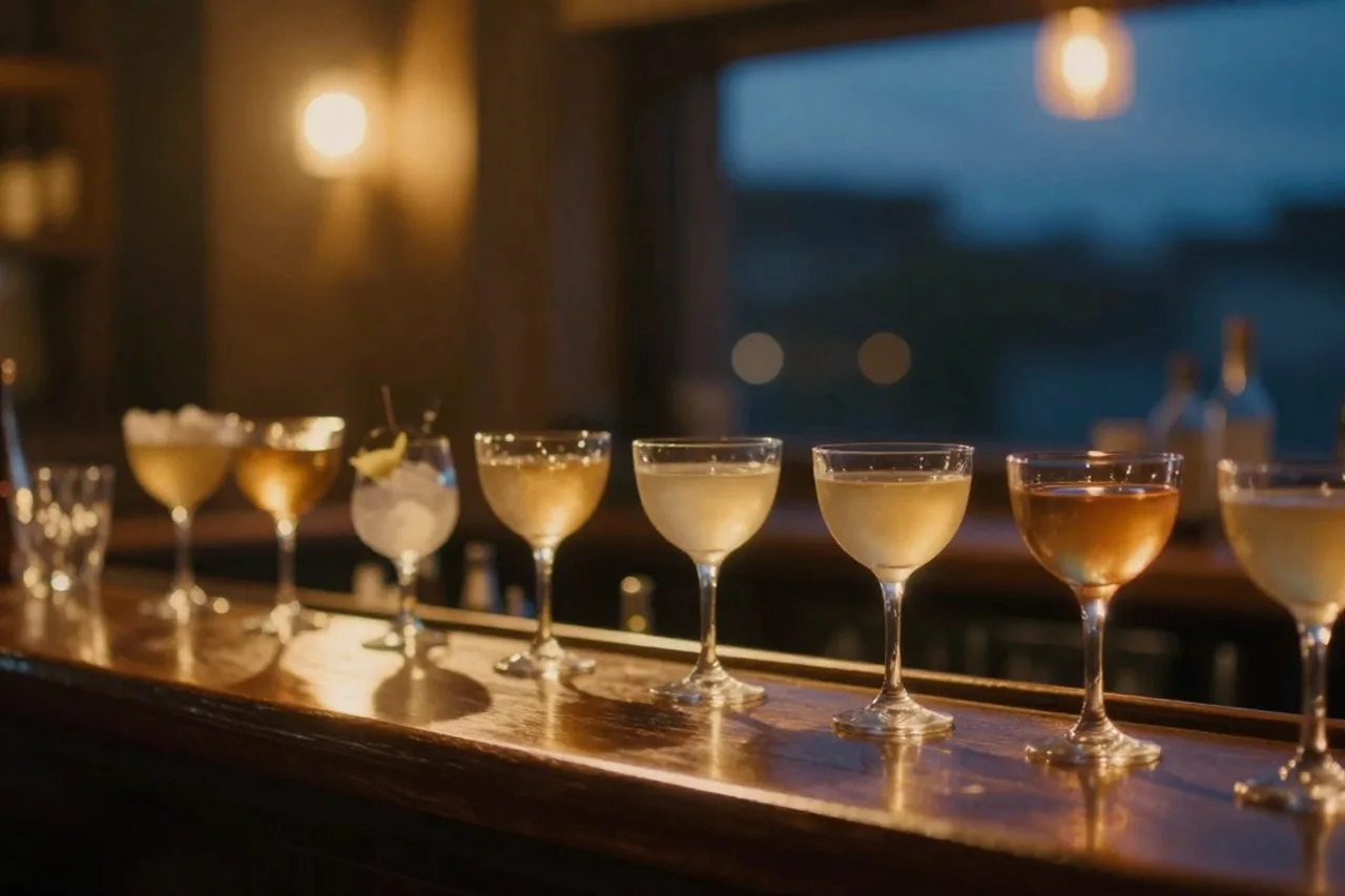 Alignement de verres de cocktails variés sur le comptoir en bois sombre