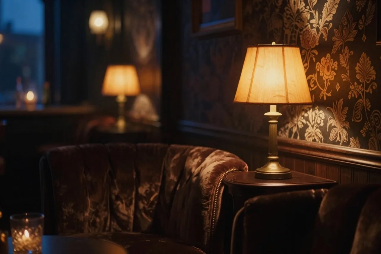 Coin intime du speakeasy avec fauteuil en velours et lampe ambrée